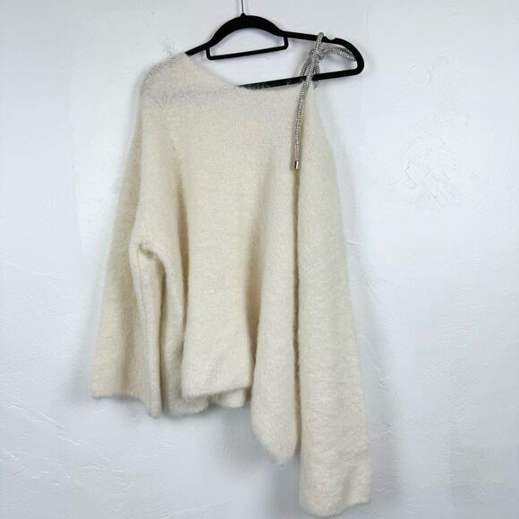 ROCHA ROMA Straight Neck Rhinestone Bow Off-The-Shoulder Alpaca Sweater Cream - Picture 12 of 15